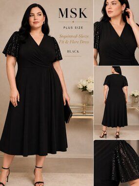 MSK Plus Size Black Sequin Sleeve Fit & Flare Midi Dress 1X NWT Cocktail Party